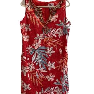 Vintage R&K Originals Linen Blend Red Dress Beaded Hawaiian Sleeveless Size 16